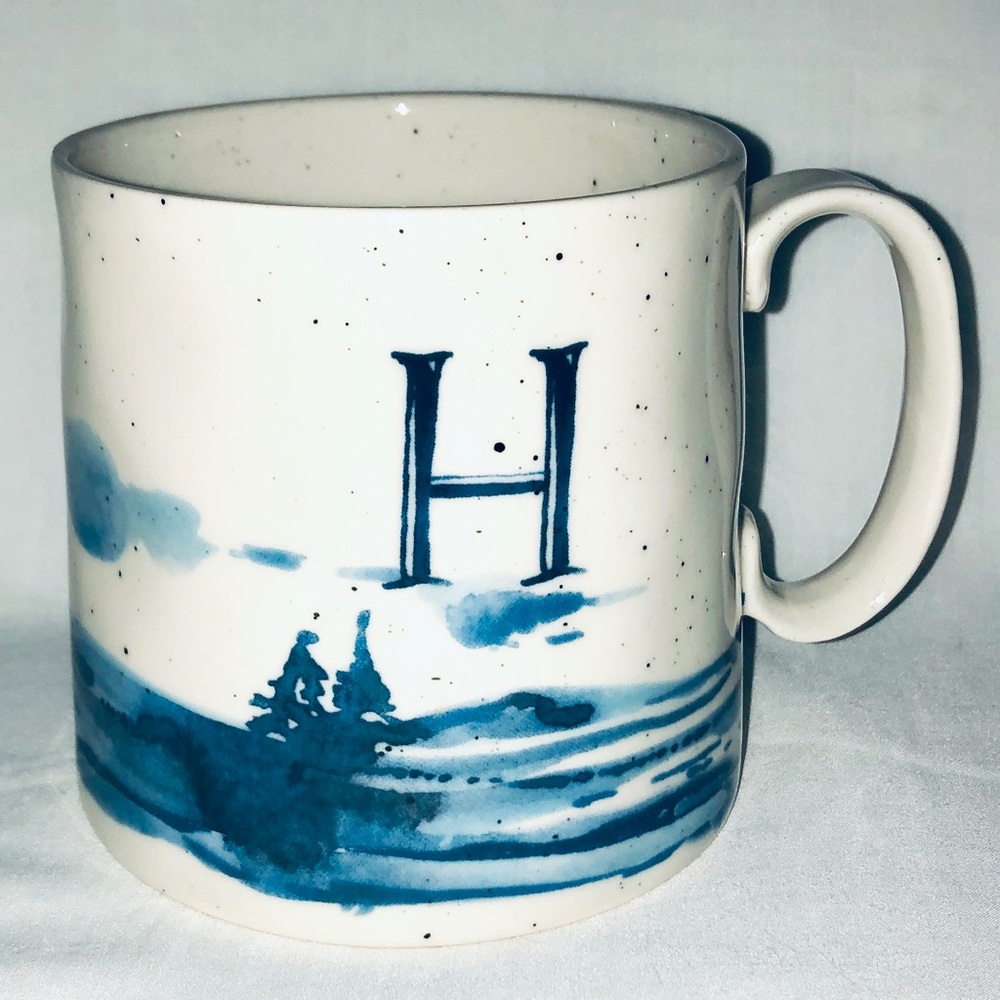 Anthropologie Quality Stoneware Pottery Initial Mug Letter H Blue Landscape